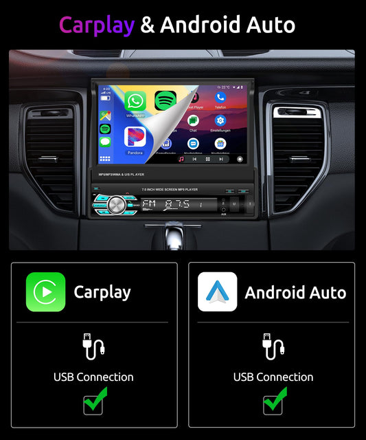 Single Din Carplay Car Stereo Audio Receivers with Android Auto/Airplay MirrorLink,Podofo 7 inch Flip Out Car Radio Bluetooth FM Radio with HD Backup Camera/USB/TF Card/AUX-in Ports Support SWC