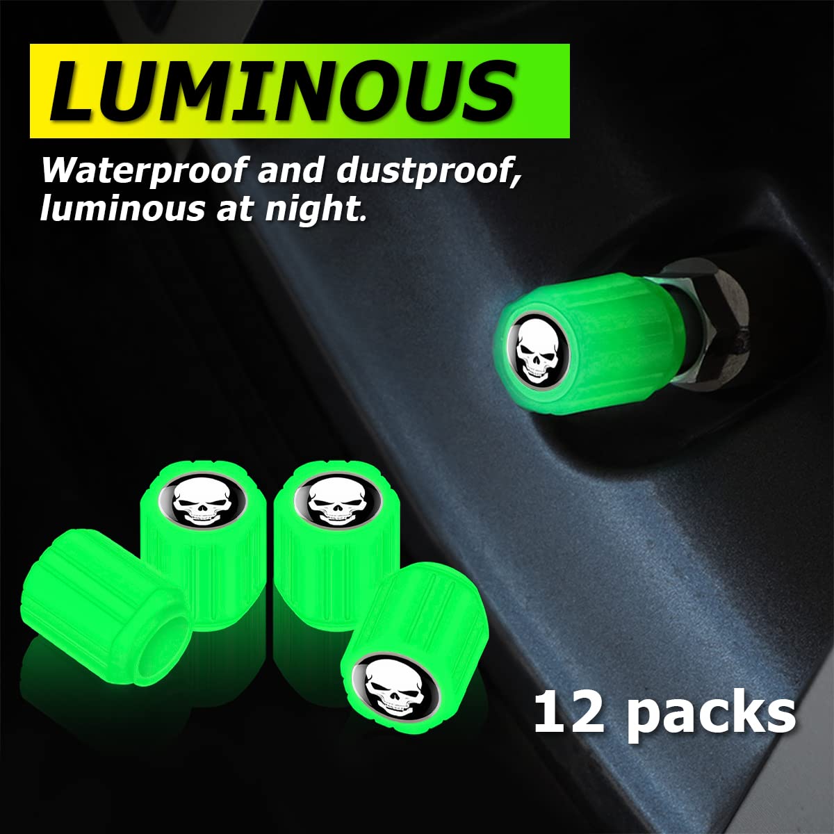 12PCS Fluorescent Skull Car Tire Valve Stem Caps, ABS Corrosion Resistant Wheel Valve Cover, Luminous Illuminated Cap Glow in The Dark, Auto Decor Accessories for Motorcycles Bicycles (Green/White)