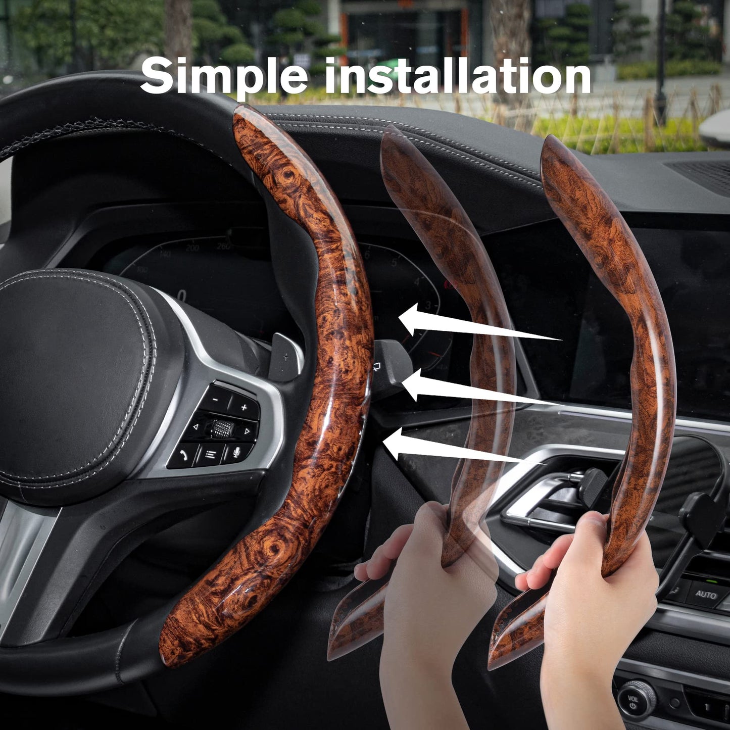 Car Wood Grain Steering Wheel Cover, Car Interior Accessories, 2PCS Segmented Steering Wheel Protector, Universal 99% Car Wheel Cover Protector