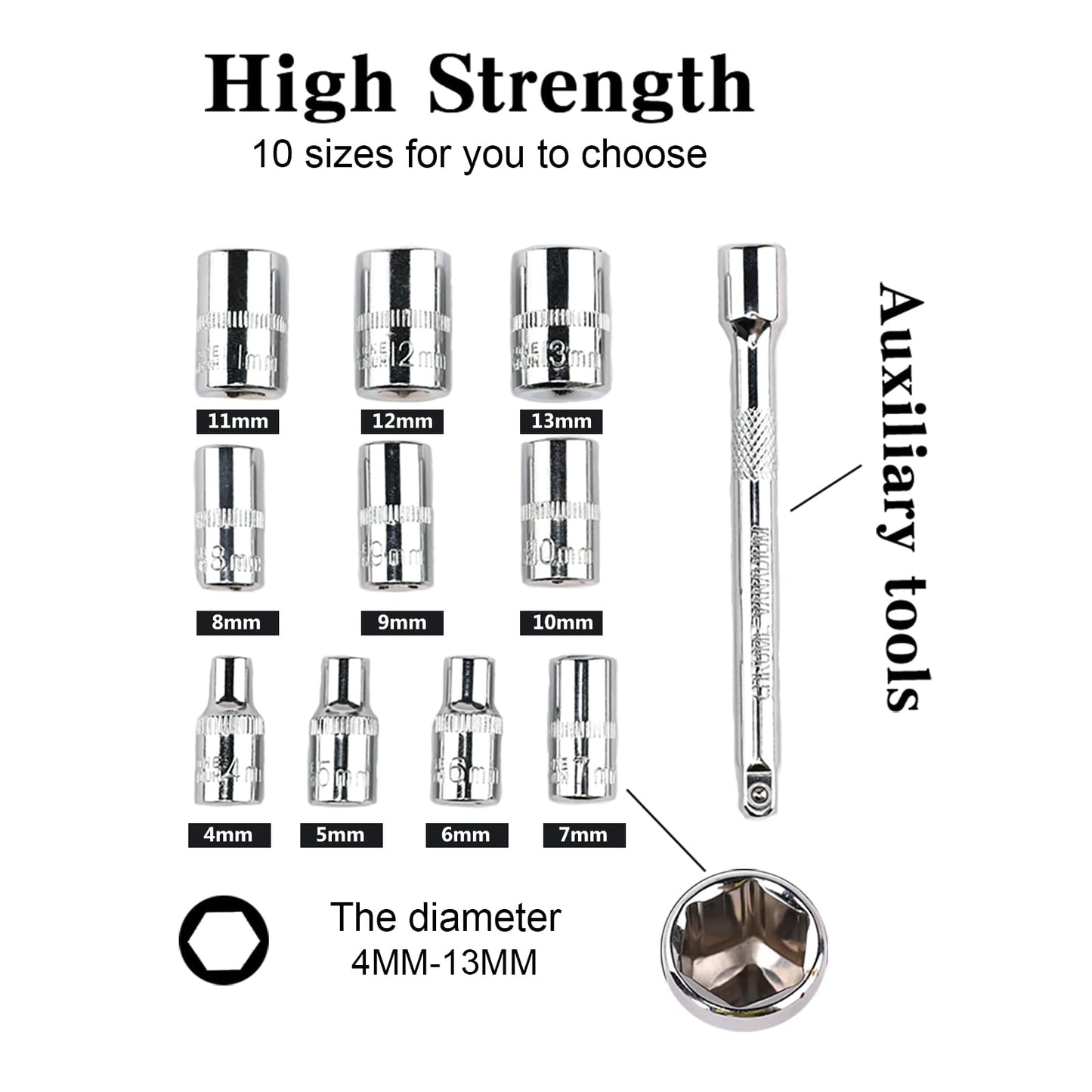 12pcs 1/2 Inch Ratchet Socket Wrench Set, Drive Socket Set with 10 Sockets 10-15,17,19,22,24mm and 2 Way Quick Released Ratchet Handle and Extension Bar