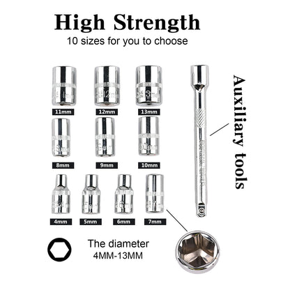 12pcs 1/2 Inch Ratchet Socket Wrench Set, Drive Socket Set with 10 Sockets 10-15,17,19,22,24mm and 2 Way Quick Released Ratchet Handle and Extension Bar