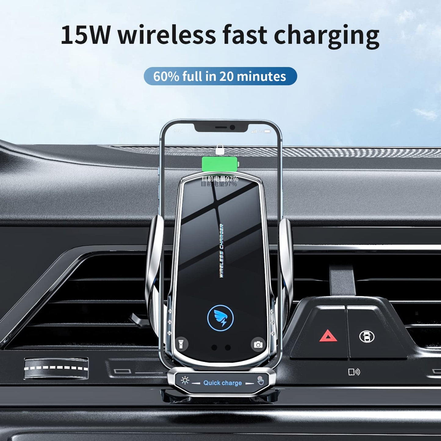 Wireless Car Charger Mount 15W Fast Charging Auto Clamping Automotive Electric Induction Car Phone Holder Mount Car Wireless Charger Air Vent Car Phone Mount Compatible with All Android