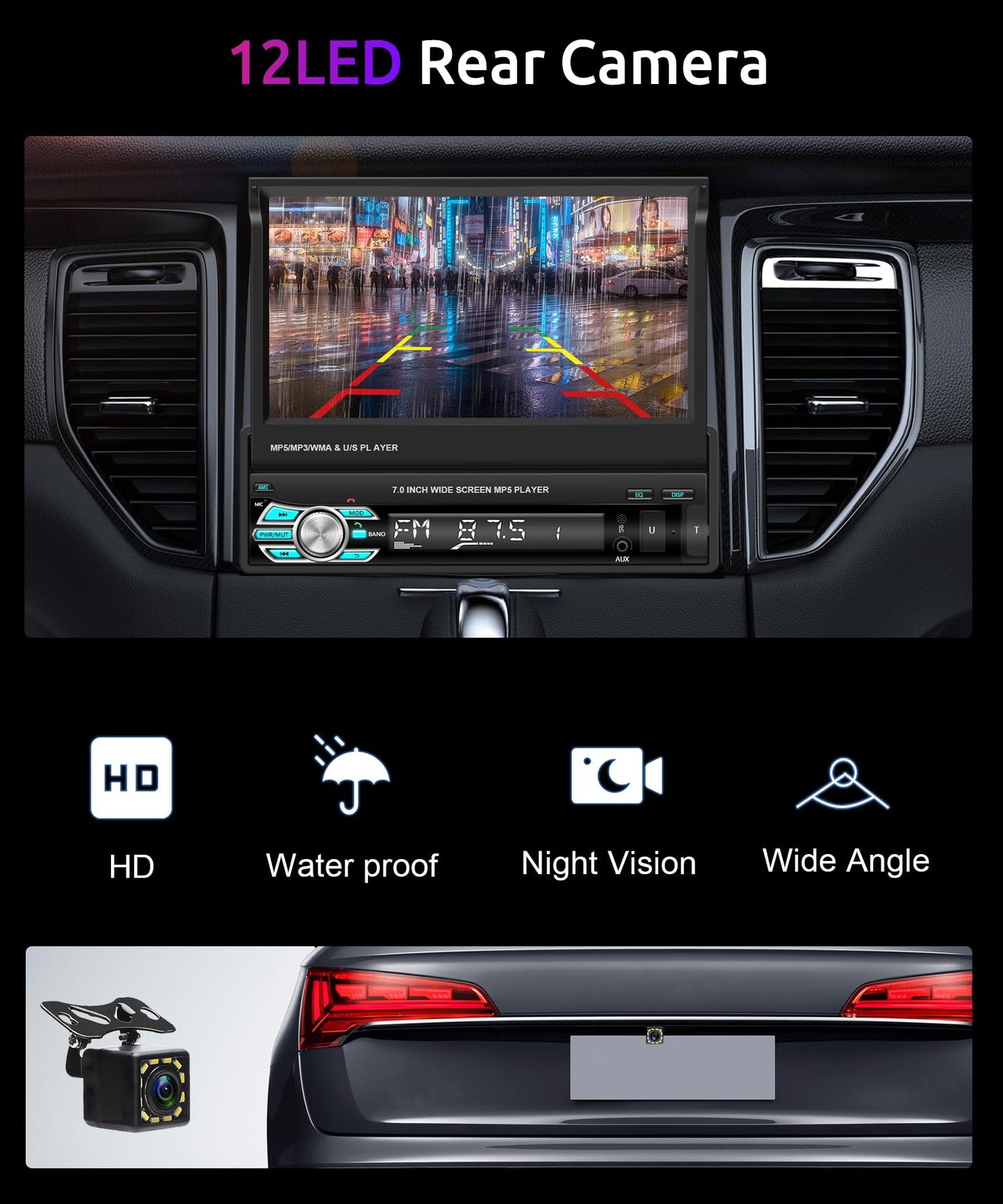 Single Din Carplay Car Stereo Audio Receivers with Android Auto/Airplay MirrorLink,Podofo 7 inch Flip Out Car Radio Bluetooth FM Radio with HD Backup Camera/USB/TF Card/AUX-in Ports Support SWC