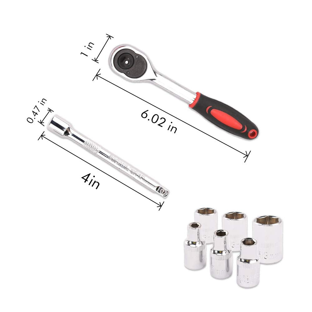 12pcs 1/2 Inch Ratchet Socket Wrench Set, Drive Socket Set with 10 Sockets 10-15,17,19,22,24mm and 2 Way Quick Released Ratchet Handle and Extension Bar