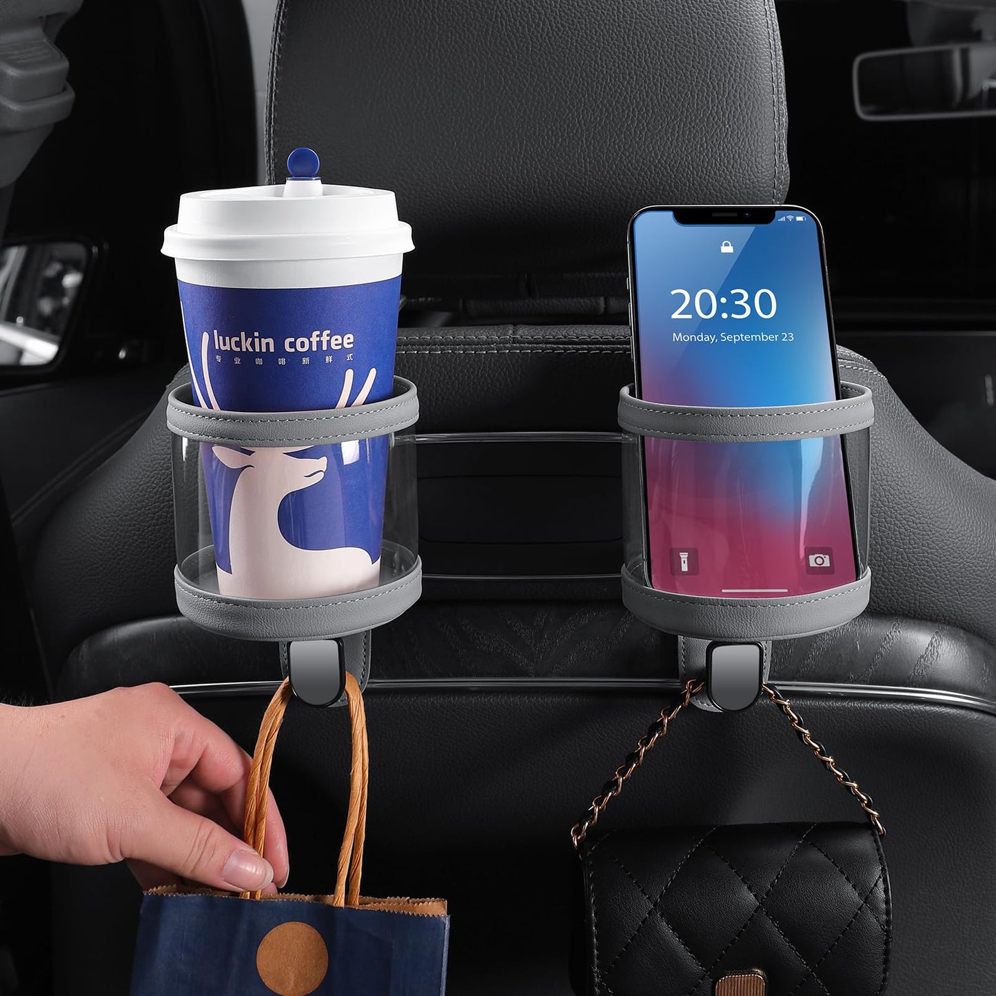 Cup Holder for Car Back Seat Headrest Backseat Purses and Bags Cute Pink Water Bottle Drink Holder with Hook Hanging 2 in 1 Car Seat Back Extra Cup Holder Leather Multifunctional Hook