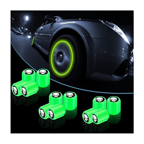 12PCS Fluorescent Skull Car Tire Valve Stem Caps, ABS Corrosion Resistant Wheel Valve Cover, Luminous Illuminated Cap Glow in The Dark, Auto Decor Accessories for Motorcycles Bicycles (Green/White)